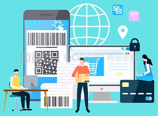 有支付保障的智能手機(jī)和計算機(jī),購物和送貨。網(wǎng)上支付系統(tǒng),帶筆記本電腦的字符。平面卡通風(fēng)格的矢量插圖。國際商務(wù)現(xiàn)代技術(shù)小工具